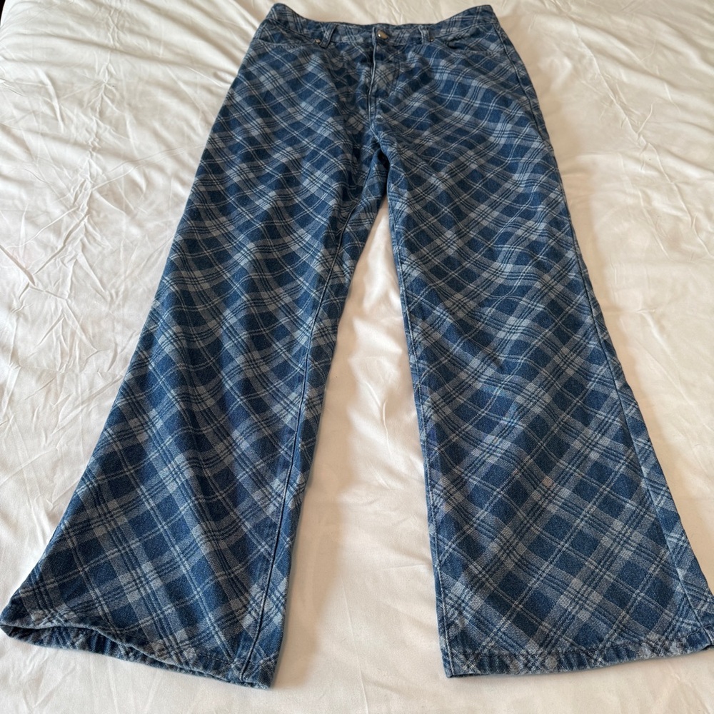 Cider Plaid Jeans Blue Denim Wide Leg Women’s Large Y2K